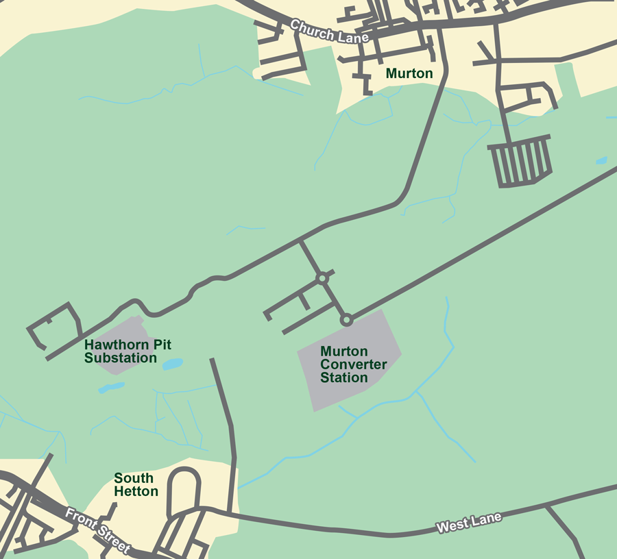 Map of works to take place in england around the Hawthorn Pit Substation and Muton Converter Station.
